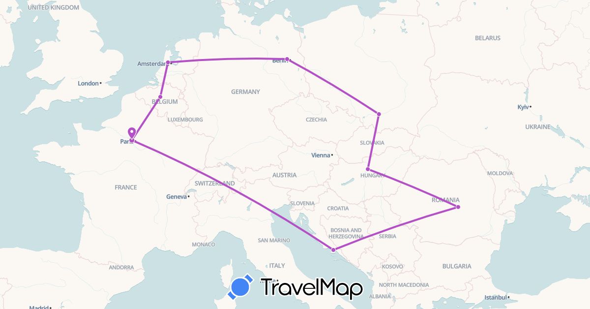 TravelMap itinerary: driving, train in Belgium, Germany, France, Croatia, Hungary, Netherlands, Poland, Romania (Europe)